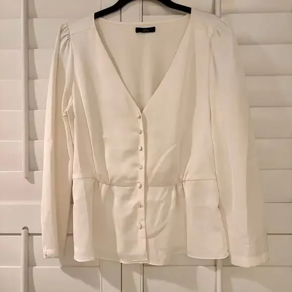 J. Crew Satin Long Sleeve Peplum Blouse Sz6 Ivory Old Money Lux - Picture 2 of 8